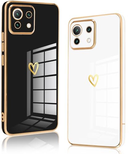 Vauki 2 Stück für Xiaomi 11 Lite 5G NE/Mi 11 Lite 4G/5G Hülle, Weich TPU Silikon Handyhülle Herz Motiv Schutzhülle Kameraschutz Stoßfest Bumper Case Jungen und Mädchen Cute Cover, Schwarz & Weiß