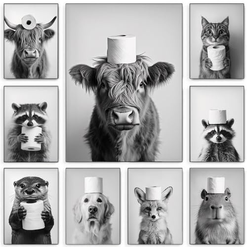 BeiYiHo Bilder Badezimmer Tiere Schwarz Weiß Poster Lustige Tiere Bild Toilette Tier Kuh 50x70 Wandbild WC Deko Kunstdruck Bad Leinwand Modern