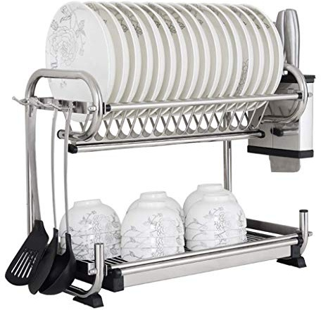 LYMGRZ 2 Tier Stainless Steel Dish Rack with Drip Tray – Kitchen Drying Rack for Tableware Crockery & Utensils – Space Saving Design (47x25x38cm)
