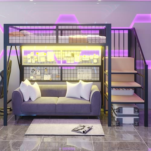Etagenbett 90x200, Kinderbett Hochbett mit Treppe & Kleiderschrank, Metallbett mit LED-Ambientelicht & Wandgitter, Funktionsbett Stockbett Spielbett Jugendbett mit Lattenrost, Schwarz, Ohne Matratze