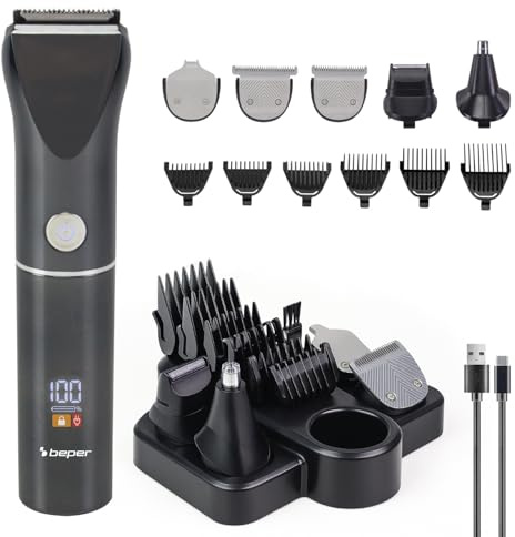BEPER P304CAP050 Multifunktions-Trimmer-Set – Haarschneider, Bartschneider, Nasen- und Ohrhaartrimmer – 12 Zubehörteile inklusive, Stahlklingen, LED-Display, USB-C wiederaufladbar