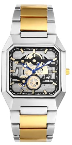 JewelryWe Herrenuhr Quadratische Skelett Armbanduhr Mechanik-Look Leuchtend Analog Quarz Armbanduhr Herren Edelstahl Armband Uhr mit Leuchtzeiger und Zahnrad Design Zifferblatt