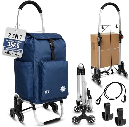 KCVONLINE Carro de la Compra Plegable 6 Ruedas Silenciosas para Escaleras, Bolsa 45 L Impermeable + 4 L Térmico, Aluminio Ligero,Carga 35 kg, Azul