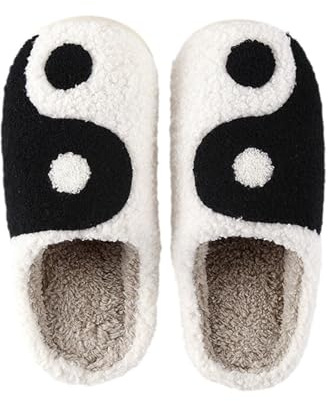 Lustige Hausschuhe für Damen, niedliches Paar, chinesisches Taiji-Muster, Slipper, weiche Plüsch-Slides, leichte Hausschuhe für Sie und Ihn, modische Farbblock-Slides, Schwarz , 39 EU