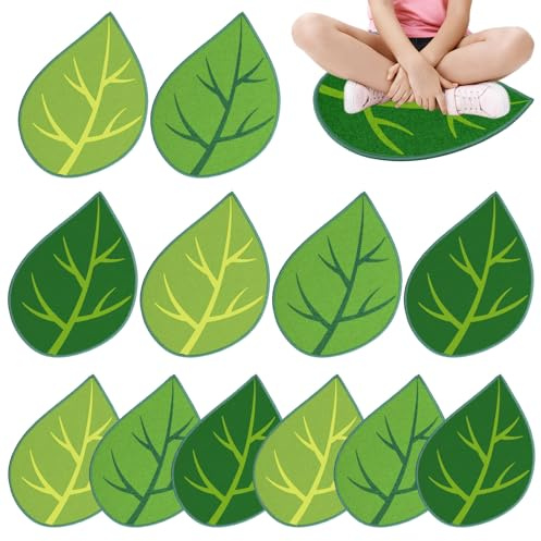 JarThenaAMCS 12 Pcs Green Leaf Classroom Carpet Kids Sitting Floor Seats Back to School Mats Non-Slip 3 Colors Leaf Rugs for Group Activity Learning Play Areas, 13.5 x 16 Inch