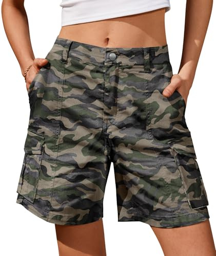 IVIR Kurze Hose Damen Sommer Bermuda Cargo Shorts Hohe Taille Baumwolle mit Elastischem Bund und 6 Taschen