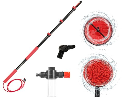Genius Telescopic Rotating Scrubber Set 5-TLG. mit 2 Aufsätzen, Teleskop Waschbürste mit Teleskopstiel 3,6 Meter, mit Wasseranschluss & Seifenspender für PV Anlagen, Fassaden, Auto & Fenster