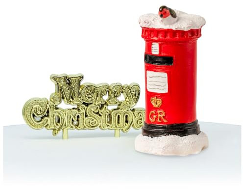 Anniversary House 2pcs Classic Post Box Resin Cake Topper & Gold Merry Christmas Motto Xmas Cake Decorations, Xmas Cake Toppers, Yule Log Decoration, Traditional Non-Edible Decorations, BX112 UK