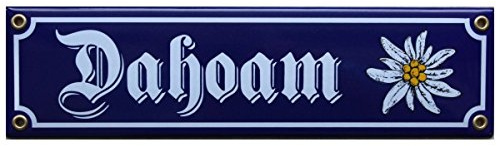 Dahoam mit Edelweiß Emaille Schild 8 x 30 cm Emailschild blau.