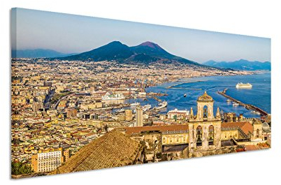 150x50cm Leinwandbild auf Keilrahmen Italien Neapel Stadt am Meer Vulkan Vesuv Sommer Wandbild auf Leinwand als Panorama