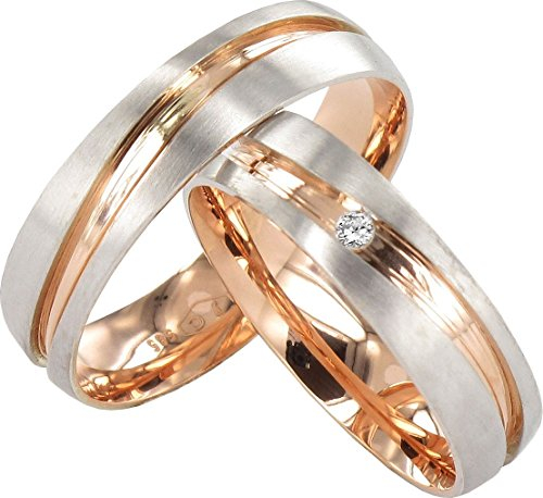 JC Trauringe Gold 585 Paarpreis Bicolor Rotgold und Weißgold I Eheringe breit 5 mm I Partnerringe mit Gravur in edler Schatulle I 2 Hochzeitsringe Herrenring ohne & Damenring mit Stein I J140