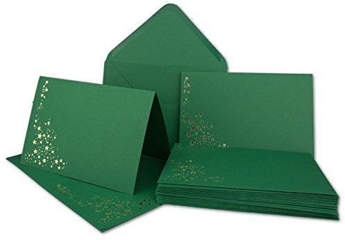20x Faltkarten-Set mit Umschlägen DIN B6 - Dunkelgrün (Grün) mit goldenen Metallic Sternen - 11,5 x 17 cm - bedruckbar - Ideal für Weihnachtskarten