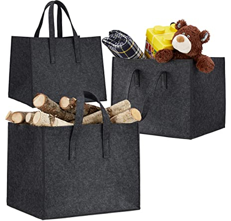 3X Kaminholzkorb aus Filz, 2 Griffe, zum Tragen, faltbar, belastbar, flexibel, Filzkorb, HBT: 35 x 43 x 37 cm, anthrazit