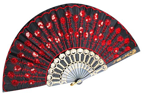 Accessotech Spanish Lace Silk Folding Hand Held Dance Fan Flower Pattern for Party Wedding (Red/Black)