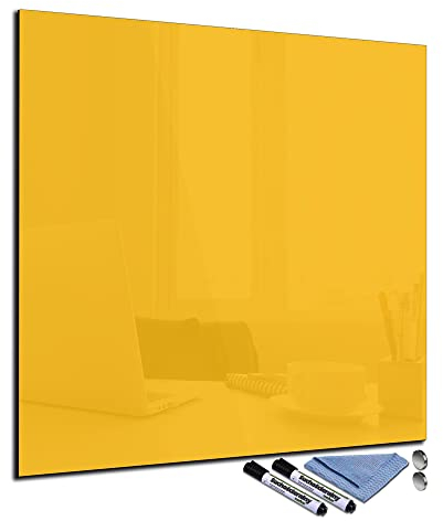Glas-Magnettafel 60x60 cm Whiteboard Wand Beschreibbar Quadratisch Magnetisch Küche Office Büro mit Zubehör Wochenplaner Abwischbar Deko Memoboard Tafel Gelb