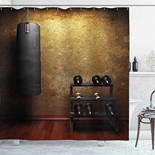 ABAKUHAUS Fitness Duschvorhang, Gymnastikraum und Dumbbells, Stoffliches Gewebe Badezimmerdekorationsset mit Haken, 175 x 240 cm, Schwarz Redwood Pale Brown