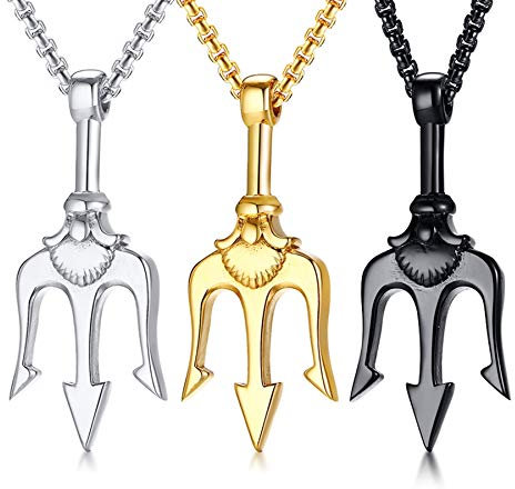 PJ JEWELLERY Edelstahl Antikes Griechenland Amulett Halskette Poseidon Dreizack Anhänger Halskette Seemannsgeschenk, für ihn zum Vatertag, Weihnachten, 24 Kette, 3 Stück Halsketten