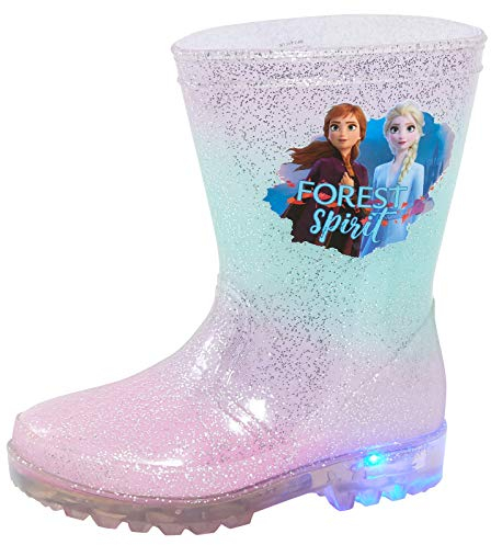 Disney Botas de agua de lluvia con luz para niñas de Frozen 2 [Elsa Anna con luces intermitentes para nieve] [Azul -11 UK Niño]