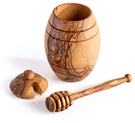Darido Pot à Miel en Bois d'Olivier Naturel avec Cuillère à Miel - Fait à la Main - 12x8 cm - Contenant à Miel en Bois avec Couvercle et Cuillère à Miel