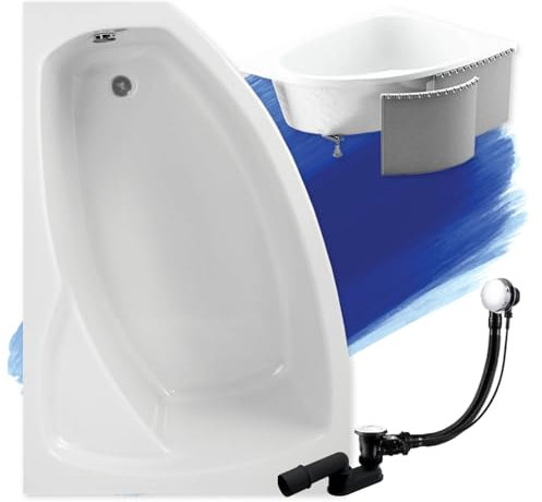 BADLAND Badewanne Original Weiß Acryl Wanne Eckbadewanne FRIDA 150x90 Links KOMPLETTSET SET mit Premium Styroporverkleidung + Füßen und Exklusive Chrom Automatik Ablaufgarnitur Made in EU 4in1