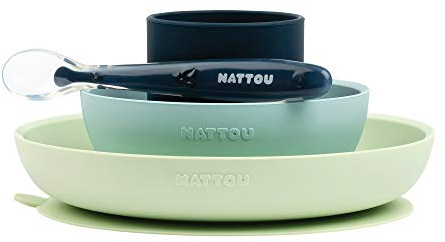 Nattou Silikon-Geschirr für Kinder, 4-tlg., Teller + Schale rutschfest, BPA-frei, Silicon, Grün/Blau