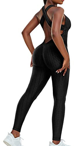 STARBILD Damen Sport Jumpsuit Rückenfrei Push Up, Yoga Bodysuit Honeycomb Overall Leggings, Playsuits Strampler Hosenanzug Trainingsanzug, N1370-schwarz S