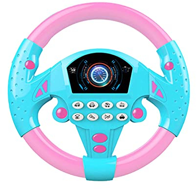 Volante Elettrico per Bambini con Suoni e Luminosi, Simulatore di Guida, Giocattolo Educativo (Rosa Blu)
