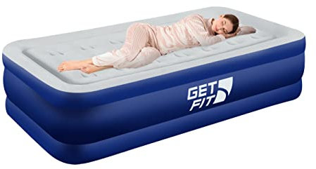 Get Fit Air Bed with Built In Electric Pump - Premium Single Size - Blow Up Bed with Free Pillow - Elevated Inflatable Air Mattress for Outdoor, Camping, Tents - Navy/White