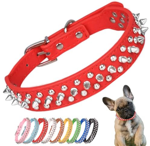Collar de perro de piel sintética suave con remaches y tachuelas, collar ajustable para gato, rojo, XS