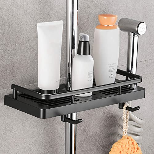 Hoomtaook Duschablage für Duschstange Dusche Caddy ohne Bohren Aufhängen Dusche Regale Zubehör Halterungen mit Zwei Haken und Duschkopfhaken Passend für 21mm-25mm Schiene Kunststoff, 1 Stück Schwarz