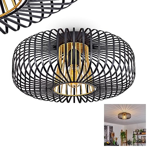 Deckenleuchte Oravi, runde Deckenlampe aus Metall in Schwarz/Goldfarben, 1-flammig, E27-Fassung, ohne Leuchtmittel, Ø 40 cm, Retro/Vintage Leuchte mit tollem Lichteffekt durch Gitter-Optik