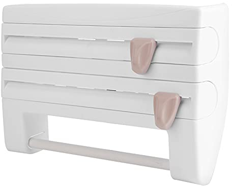 Multifunctional Storage Cutting Rack,Wrap Organizer with Cutter Wall Mount Sauce Bottle Storage Holder for Tin Foil Cling Film Parchment and Kitchen Paper Holder(white)