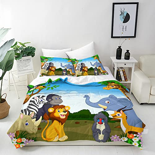 ANHOPE Dschungel Safari Zoo Tier Bettwäsche Set 3 Teilig Bettbezug 135x200 cm + 2 Kissenbezug 50x70 cm Weich Microfaser Bettbezüge Set mit Reißverschluss Bettdeckenbezug für Kinder Jungen Mädchen