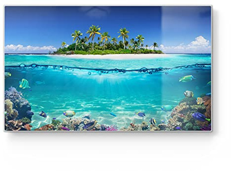 DEQORI Frühstücksbrett Glas | klein 23x14 cm | Motiv Insel im tropischen Meer | Design Schneidebrett für Küche | Frühstücksbrettchen antibakteriell & rutschfest | Glasplatte & Servierplatte