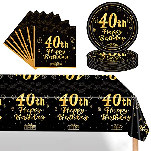 POPOYU 37Pcs Black Gold 40th Birthday Tableware Set,Happy Birthday Party Dinnerware Set,Black Gold Paper Plates 7 Inch Napkins Table Cloth for Men,Women,Him,Her 40th birthday Gifts Party Supplies