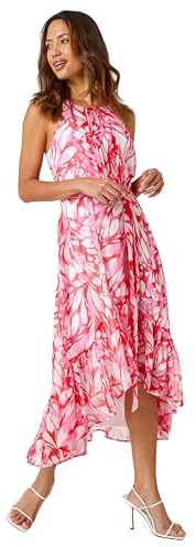 Roman Originals Halter Neck Butterfly Print Dress for Women UK - Ladies Everyday Holiday Spring Summer Comfy Soft Evening Vacation Work Party - Pink Ivory - Size 20