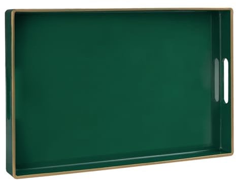 MAONAME Dark Green Decorative Serving Tray with Handles, Plastic Rectangular Tray for Coffee Table, Living Room, Bedroom, 15.8 X 10.2 X 1.4