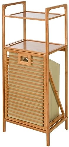 Natural Bamboo Pull Out Laundry Basket with 2 Shelves - Wooden Bathroom Storage Shelf Rack Washing Hamper
