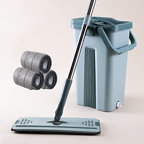 Juego de Cubos para fregona, Lavadora, fregona Plana, Rueda mágica Perezosa, Suministros de eliminación de Polvo, Limpieza del hogar, fregonas de Ventanas, Limpieza de Pisos (Color: Azul Dentro de 4