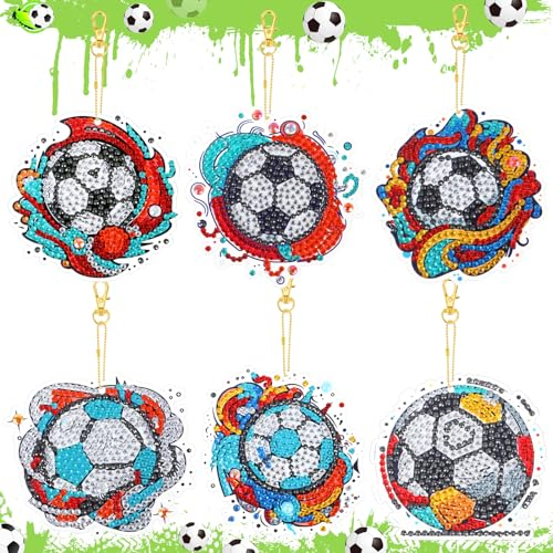 JSRQT 6 Stück Fußball Diamant Malerei Schlüsselanhänger, 5D DIY Doppelseitiger Diamond Pasted Schlüsselbund Stickerei Keyrings, Crystal Strass Mosaik Diamant Handwerk Anhänger für Damen Herren Tasche