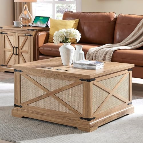 Barnyatoh Farmhouse Square Coffee Table with Storage, Wood Center Table with Hinged Lift Top, Rustic Cocktail Table with Large Hidden Storage Compartment for Living Room, Bedroom,Natural,Rattan