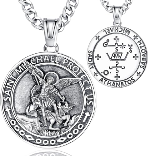 INFUSEU Erzengel Michael Anhänger, 925 Sterling Silber Kette Heidnische Medaille Schutzpatron Anhänger Christlicher Religiöser Engelsglaube Schutz Schmuck Amulett Geschenke für Männer Frauen