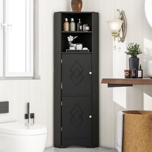 Badezimmerschrank Freistehender Hochschrank Bodenschrank Aufbewahrungsschrank Eckschrank mit 2 Tür und 2 Offenes Fach, Holz Badschrank mit Verstellbarem Einlegeboden für Badezimmer Ecke (Schwarz)