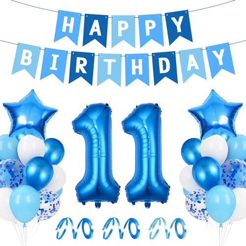 Luftballon 11. Geburtstag Blau - Happy Birthday Folienballon, Riesen Folienballon Zahl 11, Ballon Deko, Geburtstagsdeko Jungen 11 Jahr