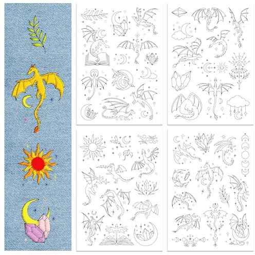GLOBLELAND 50 Stück A4 Wasserlösliches selbstklebendes Stickvlies, Drachen & Sterne Stickvorlagen für Stickerei, DIY & Anfänger