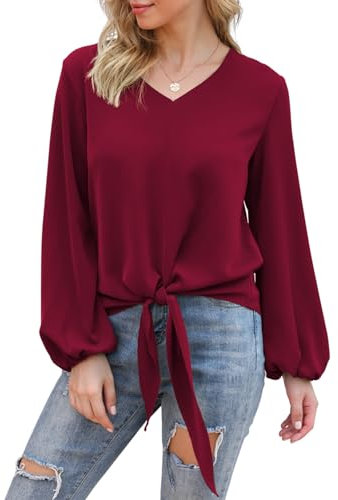 Anelune Ladies Chiffon Blouses for Women V Neck Tie Front Knot Women Tops Lartern Long Sleeve Casual T Shirts Wine Red Medium