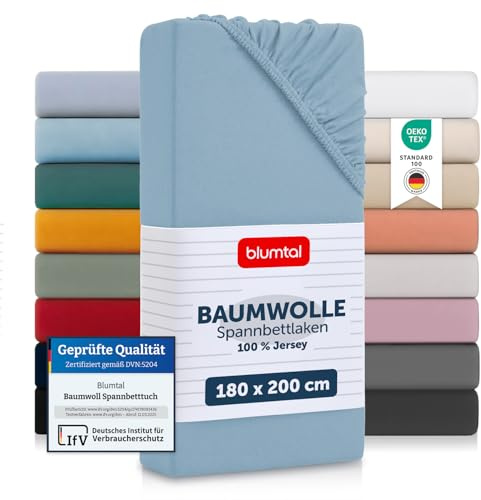 Blumtal® Baumwolle Spannbettlaken 180x200x30cm Basics Jersey - Bettlaken Oeko-TEX zertifiziertes Spannbetttuch 180x200cm - Dusk Blue