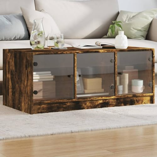 AJJHUUKI Home Items,Mesa de centro con puertas de cristal roble ahumado 102 x 50 x 42 cm, muebles de traje