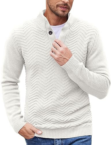 COOFANDY Herren Henley Pullover - Winter Warmer, Lässige Mode, Gestrickter Einfarbiger Männer Pullover in Weiß XXL