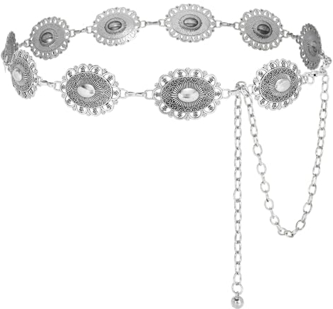 VONMELLI Damen Concho Kettengürtel Western Cowgirl Taillengürtel Türkis Metallkettengürtel für Kleid Silber S